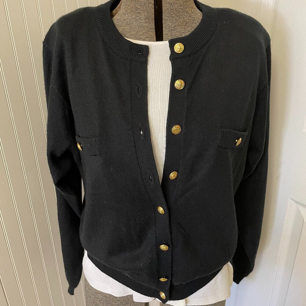 VTG KERRI N KELSEY BLACK CARDIGAN WITH GOLD BUTTONS SIZE M